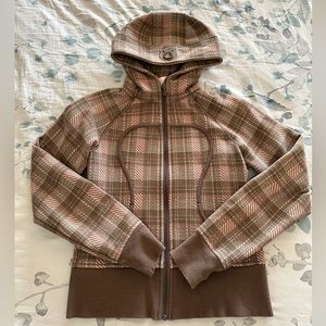 Lululemon scuba hoodie, pink and brown plaid. Size 6. Gently used condition.
